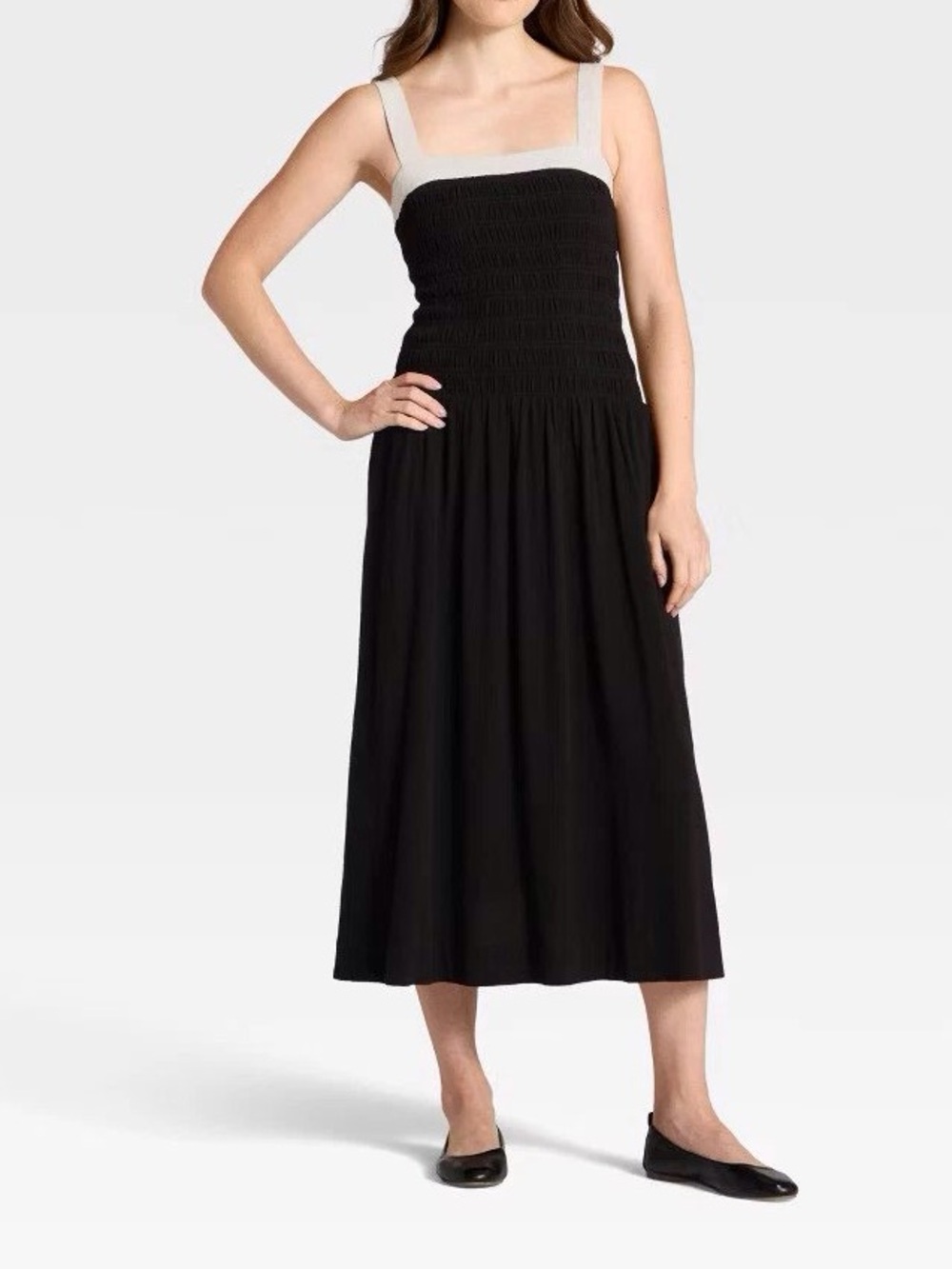 Smocked Black Midi Dress with White Contrast Straps